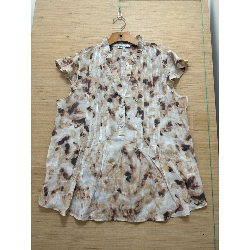 Kate Park Neutral Abstract Marble Print Ruffle‎ Neck Pintuck Henley Blouse Large